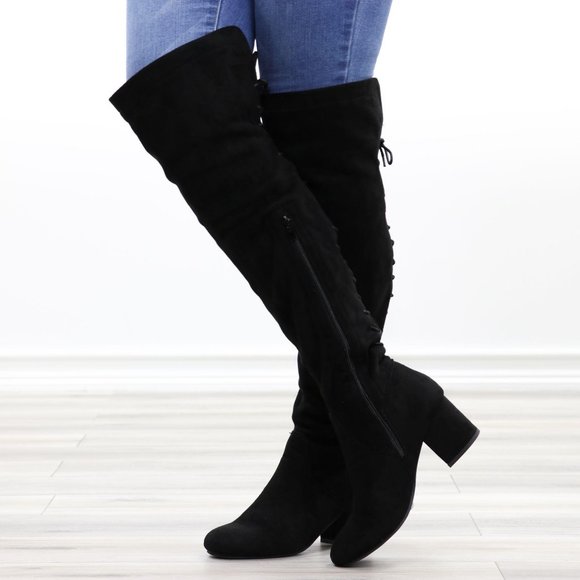 Over The Knee Block Heel Boots With Lace Up Back - Picture 15 of 16